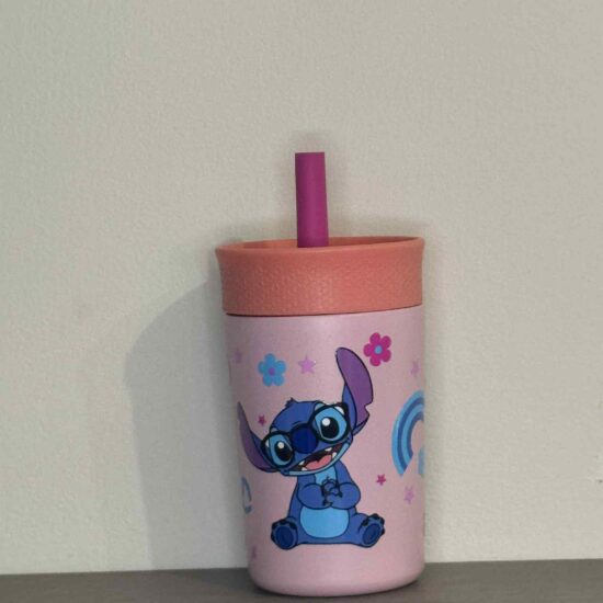 Gobelet enfant paille Stitch fond rose